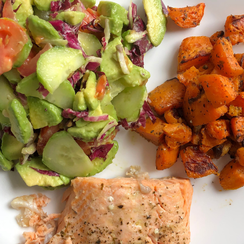 Walnuts/Honey Grilled Salmon with baked sweet potatoes and Salad